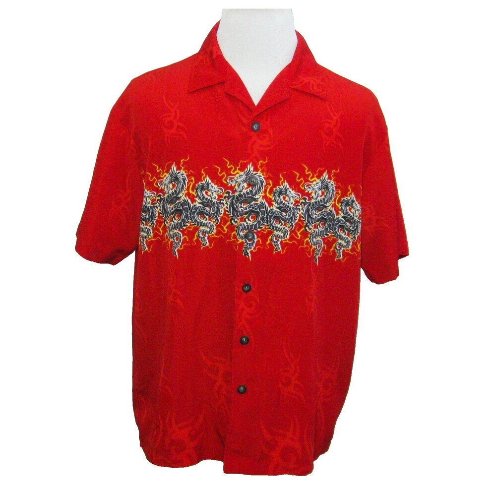 C-Two Red Hawaiian Shirt Mens Large Short Sleeve Dragon Aloha Button Front Shirt